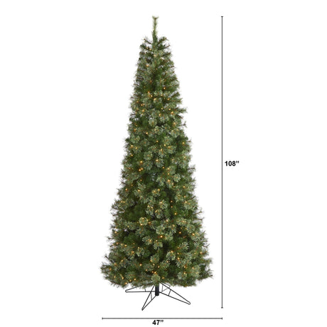 9' Cashmere Slim Artificial Christmas Tree with 550 Warm White Lights and 1308 Bendable Branches-Parc Decor