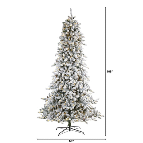 9’ Flocked Livingston Fir Artificial Christmas Tree with Pine Cones and 650 Clear Warm LED Lights-Parc Decor