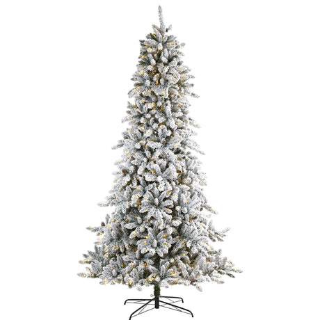 9’ Flocked Livingston Fir Artificial Christmas Tree with Pine Cones and 650 Clear Warm LED Lights-Parc Decor