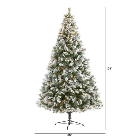 9’ Flocked Oregon Pine Artificial Christmas Tree with 600 Clear Lights and 1580 Bendable Branches-Parc Decor