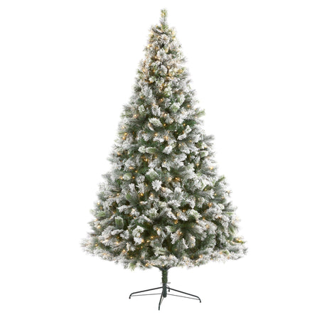9’ Flocked Oregon Pine Artificial Christmas Tree with 600 Clear Lights and 1580 Bendable Branches-Parc Decor