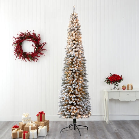 9’ Flocked Pencil Artificial Christmas Tree with 600 Clear Lights and 896 Bendable Branches-Parc Decor
