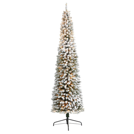 9’ Flocked Pencil Artificial Christmas Tree with 600 Clear Lights and 896 Bendable Branches-Parc Decor