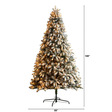 9’ Flocked South Carolina Spruce Christmas Tree with 850 Clear Lights and 2329 Bendable Branches-Parc Decor