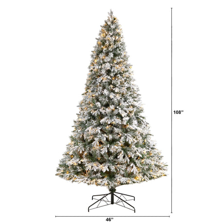 9' Flocked Vermont Mixed Pine Christmas Tree with 650 LED Lights and 1960 Bendable Branches-Parc Decor