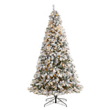 9' Flocked White River Mountain Pine Christmas Tree with Pinecones and 650 Clear LED Lights-Parc Decor