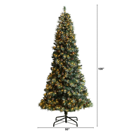9' Frosted Tip British Columbia Mountain Pine Artificial Christmas Tree with 400 Clear Lights, Pine Cones and 882 Bendable Branches-Parc Decor