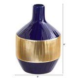 9” Lux Blue Ceramic Vase with Gold Band-Parc Decor