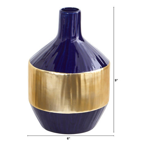 9” Lux Blue Ceramic Vase with Gold Band-Parc Decor