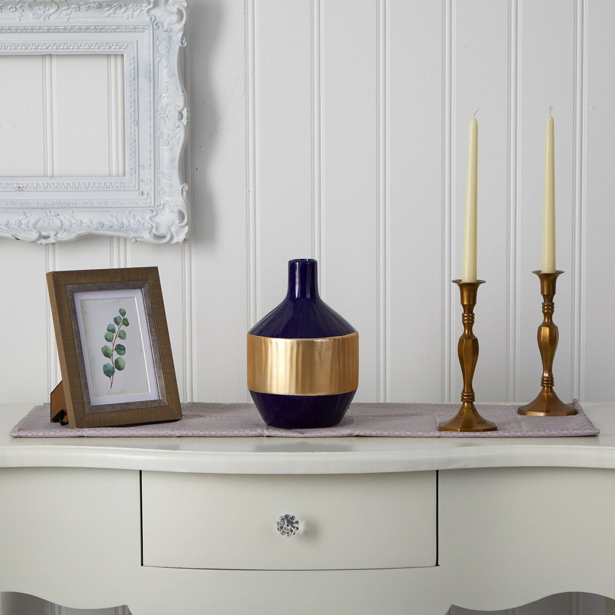 9” Lux Blue Ceramic Vase with Gold Band-Parc Decor