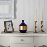 9” Lux Blue Ceramic Vase with Gold Band-Parc Decor