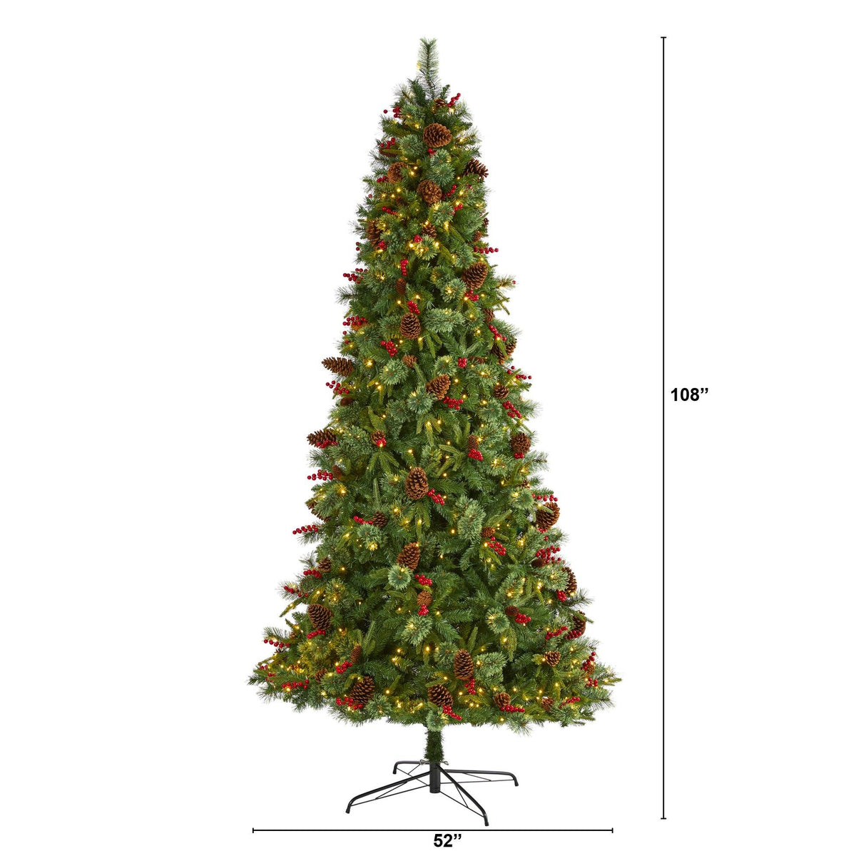 9’ Norway Mixed Pine Artificial Christmas Tree with 650 Clear LED Lights, Pine Cones and Berries-Parc Decor
