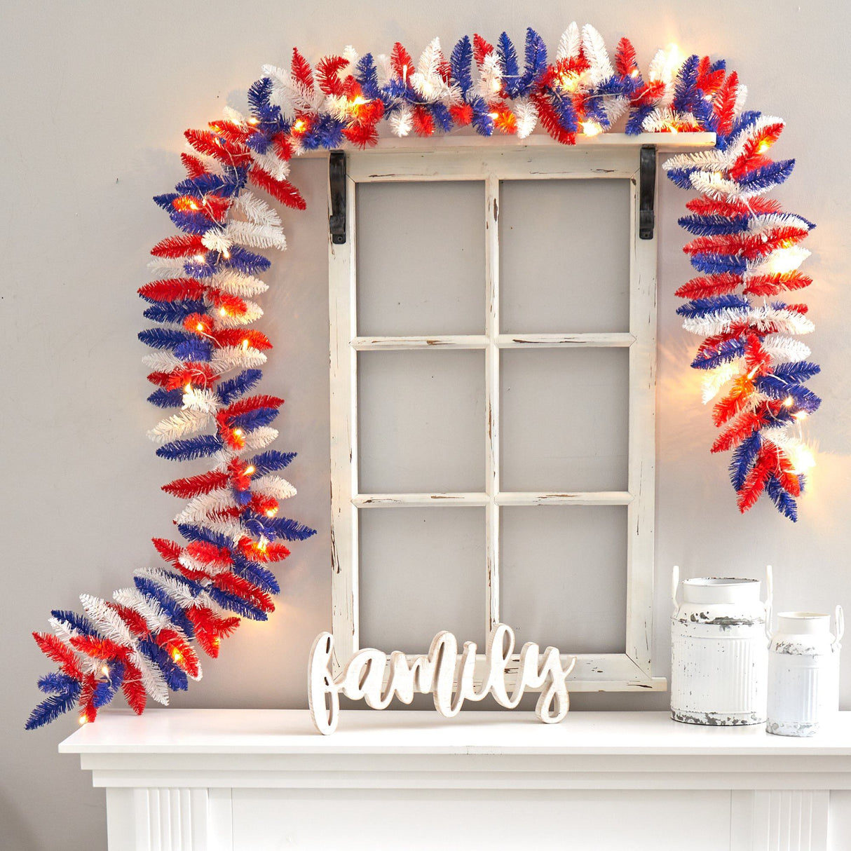 9’ Patriotic “American Flag” Themed Artificial Garland with 50 Warm LED Lights-Parc Decor
