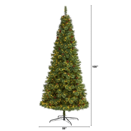 9’ White Mountain Pine Artificial Christmas Tree with 650 Clear LED Lights and Pine Cones-Parc Decor