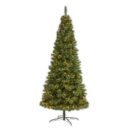 9’ White Mountain Pine Artificial Christmas Tree with 650 Clear LED Lights and Pine Cones-Parc Decor
