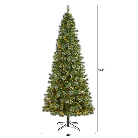 9’ Wisconsin Slim Snow Tip Pine Artificial Christmas Tree with 800 Clear LED Lights-Parc Decor