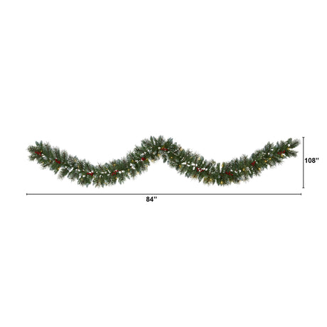 9’ Frosted Swiss Pine Artificial Garland with 50 Clear LED Lights and Berries-Garland-Parc Decor