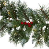 9’ Frosted Swiss Pine Artificial Garland with 50 Clear LED Lights and Berries-Garland-Parc Decor