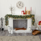 9’ Frosted Swiss Pine Artificial Garland with 50 Clear LED Lights and Berries-Garland-Parc Decor