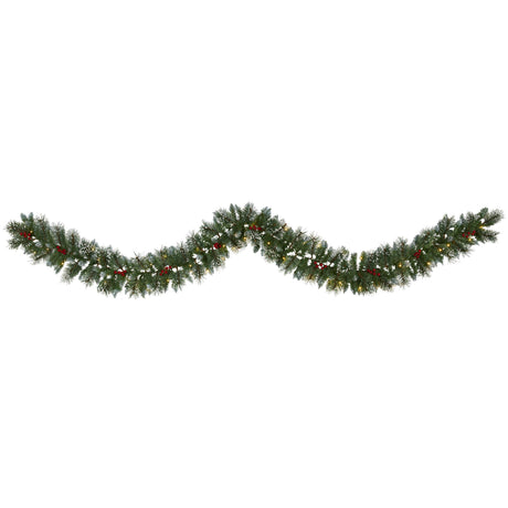 9’ Frosted Swiss Pine Artificial Garland with 50 Clear LED Lights and Berries-Garland-Parc Decor