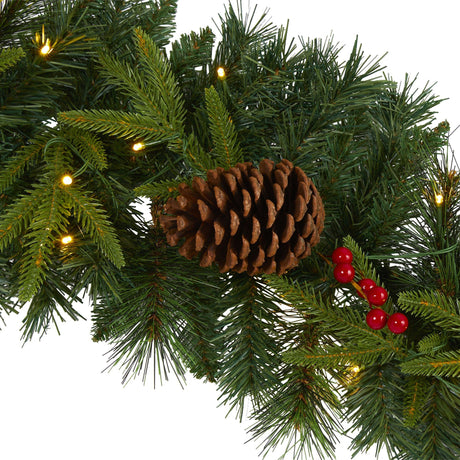 9’ Mixed Pine Artificial Christmas Garland with 50 Clear LED Lights, Berries and Pinecones-Garland-Parc Decor