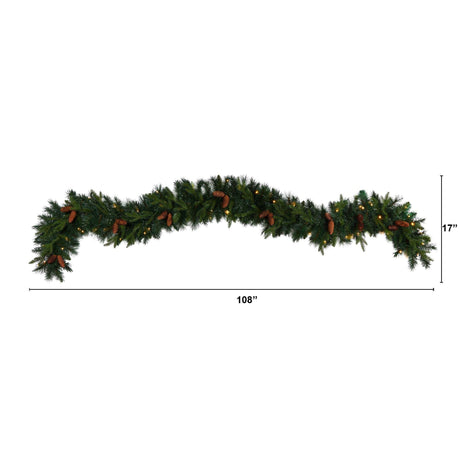 9' Mixed Pines and Pinecones Extra Wide Garland with 286 Branches and 70 Warm White LED Lights-Garland-Parc Decor