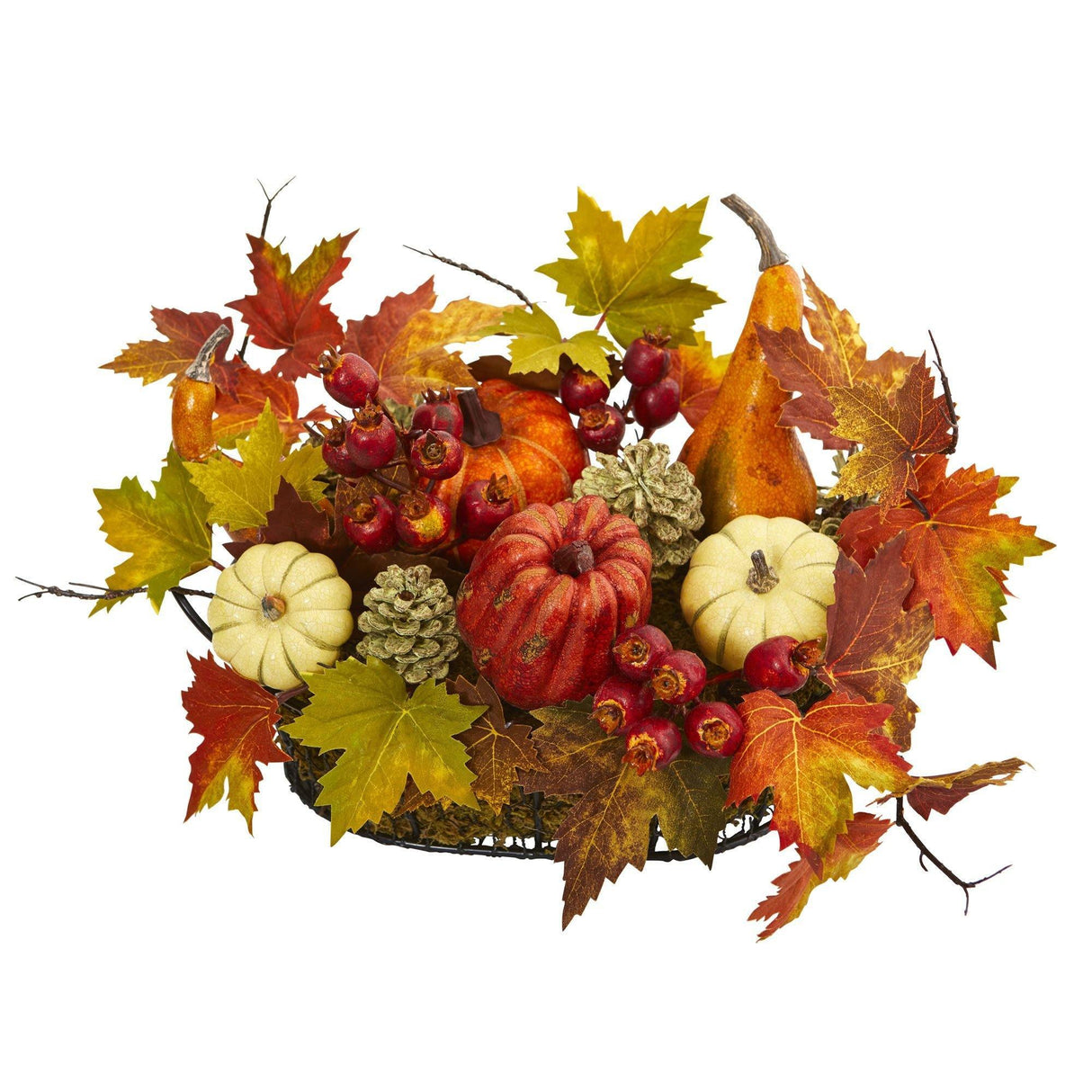 9" Pumpkin, Gourd, Berry and Maple Leaf Artificial Arrangement"-Arrangement-Parc Decor