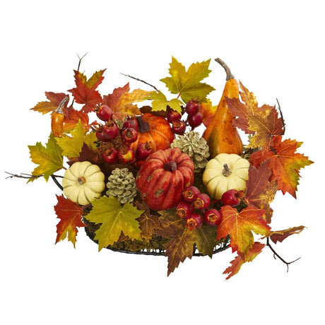 9" Pumpkin, Gourd, Berry and Maple Leaf Artificial Arrangement"-Arrangement-Parc Decor