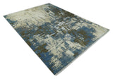 9x12 Fine Hand Knotted Beige and Blue Modern Abstract Wool and Silk Area Rug