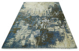9x12 Fine Hand Knotted Beige and Blue Modern Abstract Wool and Silk Area Rug