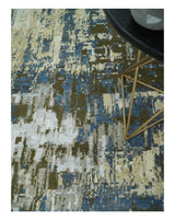 9x12 Fine Hand Knotted Beige and Blue Modern Abstract Wool and Silk Area Rug