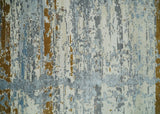 9x12 Fine Hand Knotted Ivory and Blue Modern Abstract Style Wool and Silk Area Rug