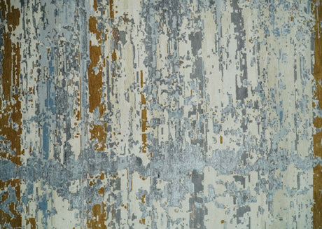 9x12 Fine Hand Knotted Ivory and Blue Modern Abstract Style Wool and Silk Area Rug