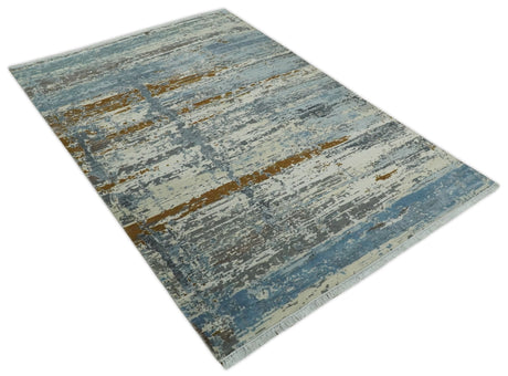 9x12 Fine Hand Knotted Ivory and Blue Modern Abstract Style Wool and Silk Area Rug