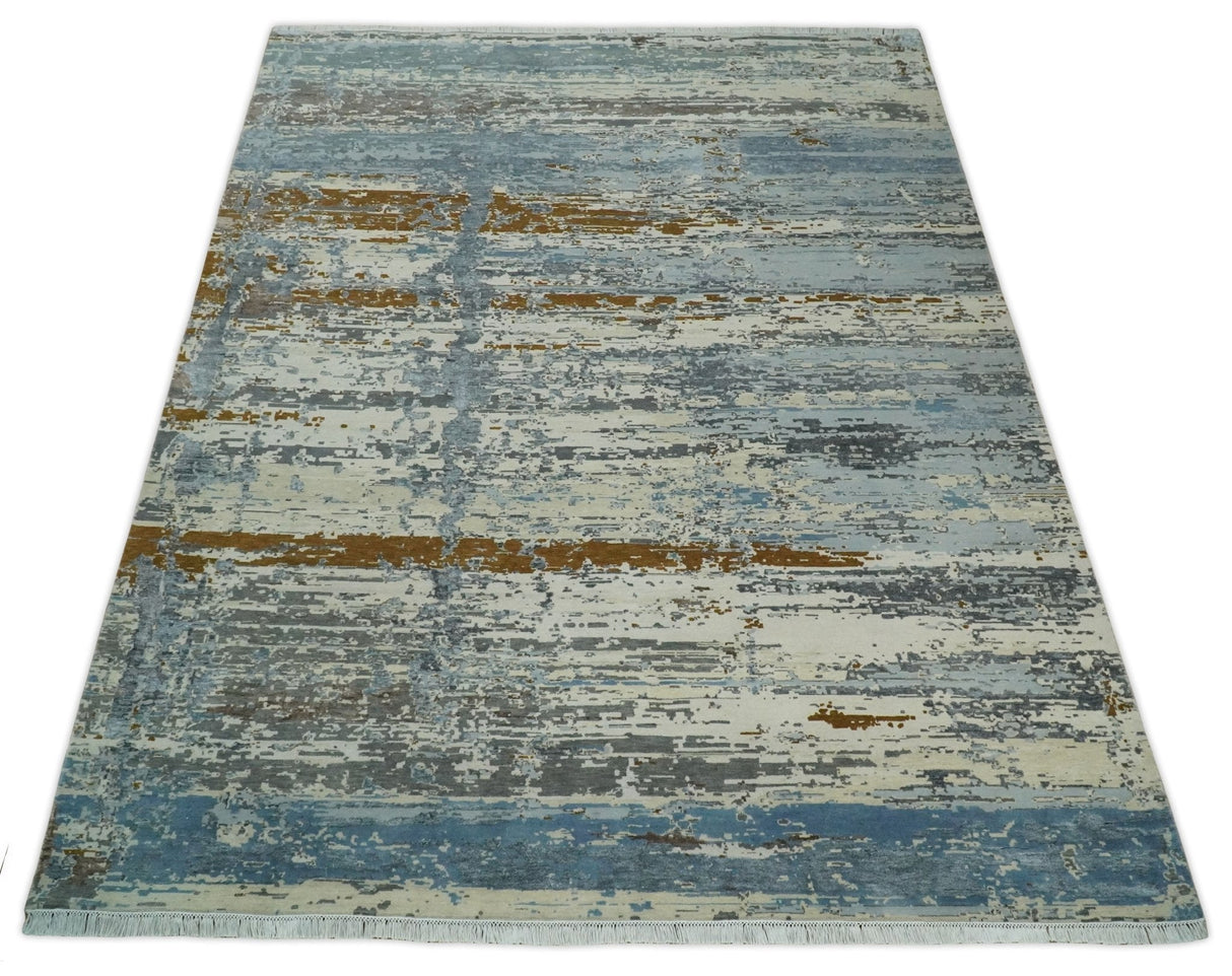 9x12 Fine Hand Knotted Ivory and Blue Modern Abstract Style Wool and Silk Area Rug