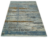 9x12 Fine Hand Knotted Ivory and Blue Modern Abstract Style Wool and Silk Area Rug