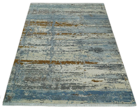 9x12 Fine Hand Knotted Ivory and Blue Modern Abstract Style Wool and Silk Area Rug