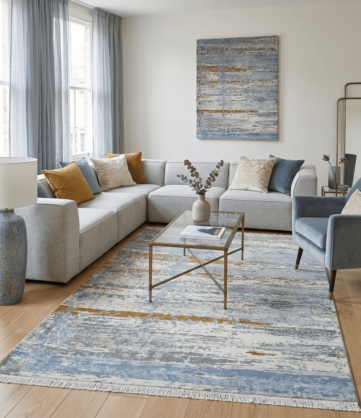 9x12 Fine Hand Knotted Ivory and Blue Modern Abstract Style Wool and Silk Area Rug