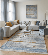 9x12 Fine Hand Knotted Ivory and Blue Modern Abstract Style Wool and Silk Area Rug