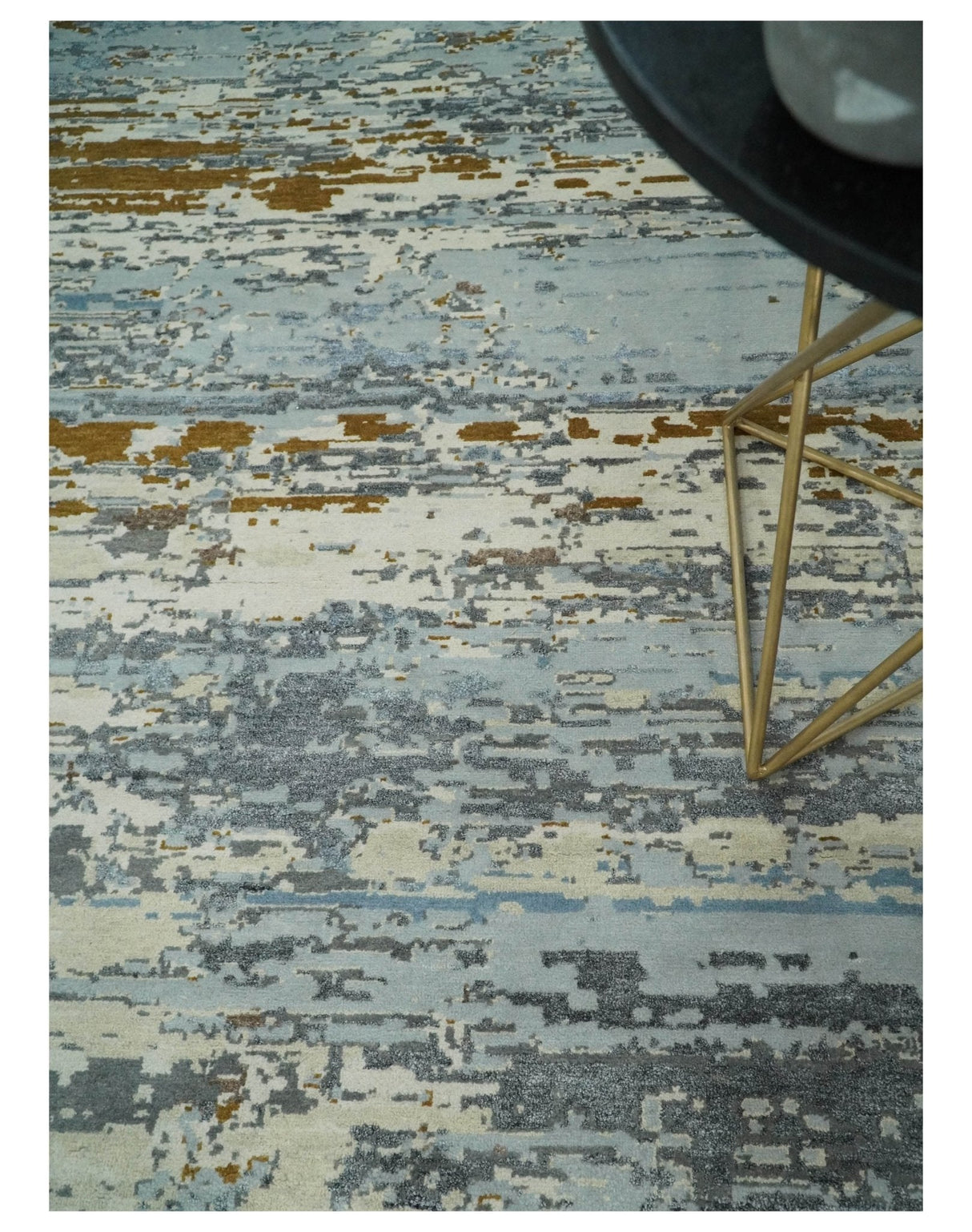 9x12 Fine Hand Knotted Ivory and Blue Modern Abstract Style Wool and Silk Area Rug