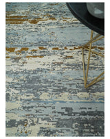 9x12 Fine Hand Knotted Ivory and Blue Modern Abstract Style Wool and Silk Area Rug