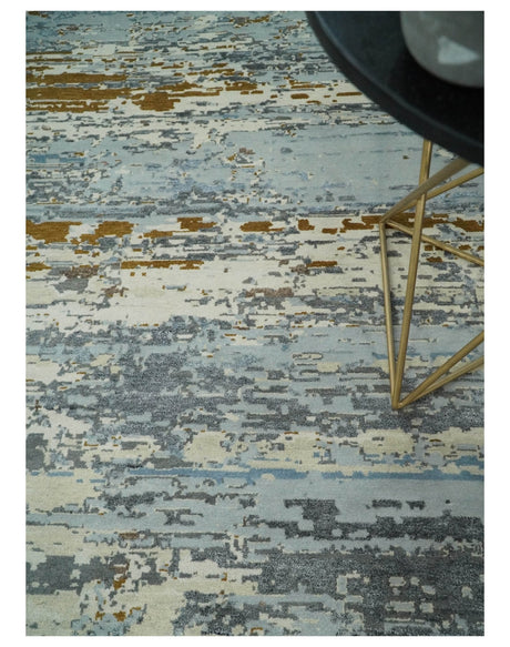 9x12 Fine Hand Knotted Ivory and Blue Modern Abstract Style Wool and Silk Area Rug