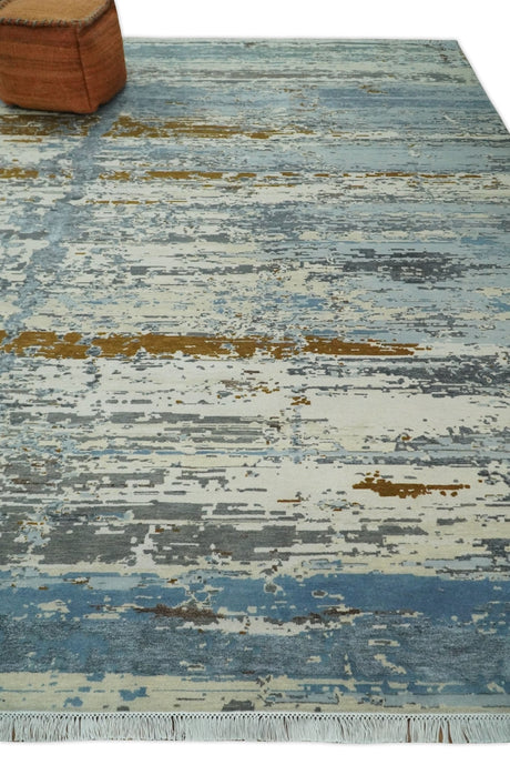 9x12 Fine Hand Knotted Ivory and Blue Modern Abstract Style Wool and Silk Area Rug