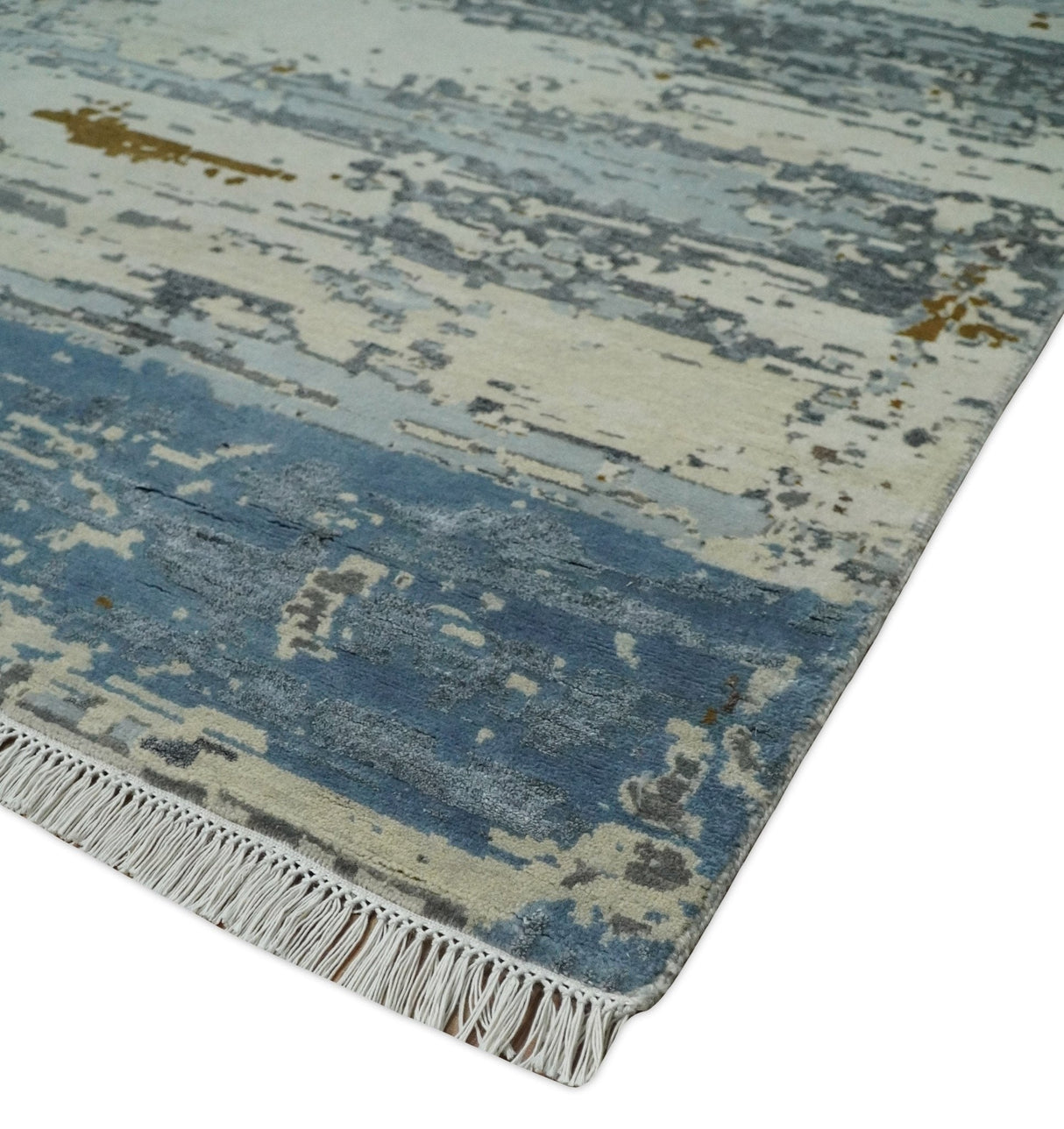 9x12 Fine Hand Knotted Ivory and Blue Modern Abstract Style Wool and Silk Area Rug