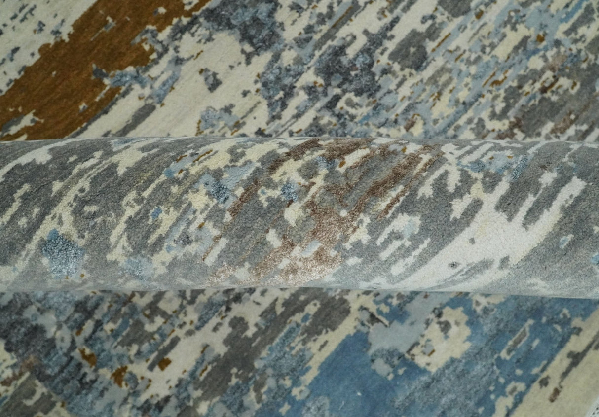 9x12 Fine Hand Knotted Ivory and Blue Modern Abstract Style Wool and Silk Area Rug