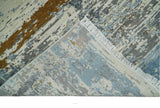 9x12 Fine Hand Knotted Ivory and Blue Modern Abstract Style Wool and Silk Area Rug