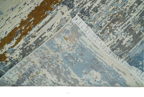 9x12 Fine Hand Knotted Ivory and Blue Modern Abstract Style Wool and Silk Area Rug