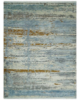 9x12 Fine Hand Knotted Ivory and Blue Modern Abstract Style Wool and Silk Area Rug
