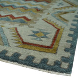 9x12 Gray, Maroon, Ivory and Mustard Stripes Pattern Hand knotted wool Area Rug