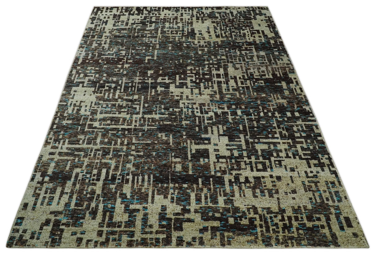 9x12 Hand Knotted Beige and Brown Modern Abstract Contemporary Recycled Silk Area Rug